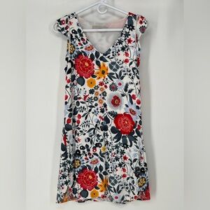 LOFT WHITE FLORAL SUMMER MINI DRESS LINED, SLIPS ON BREEZY SUMMER FUN DRESS